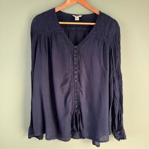 Bass Women’s Navy Long Sleeve Lace Detail V Neck Top Shirt L Peasant Boho